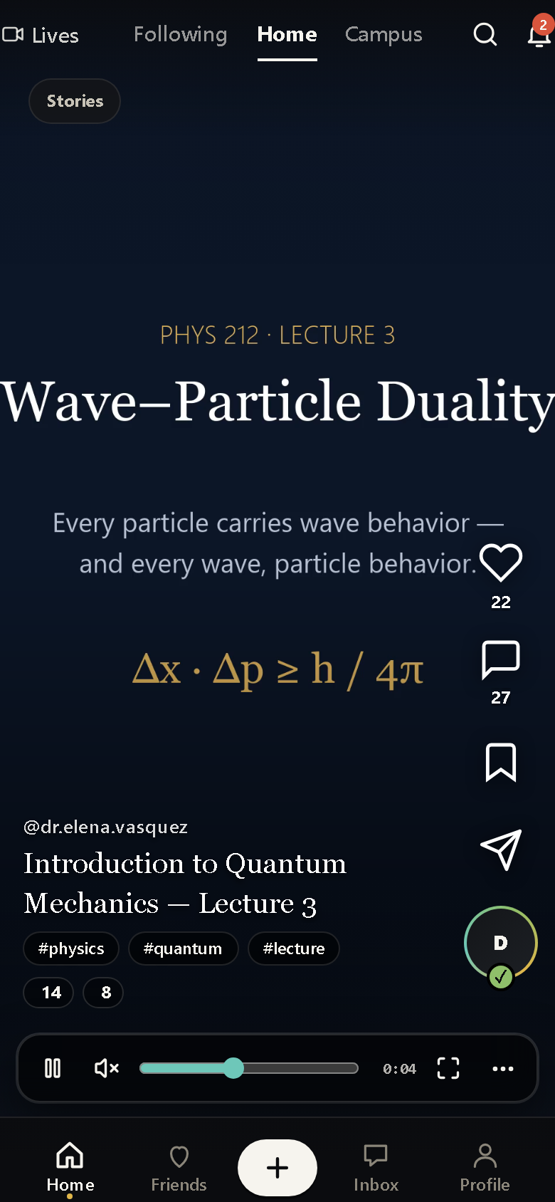EdTok's home feed playing a physics micro-lecture — PHYS 212, Lecture 3: Wave–Particle Duality — with like, comment, and bookmark controls beside the video.
