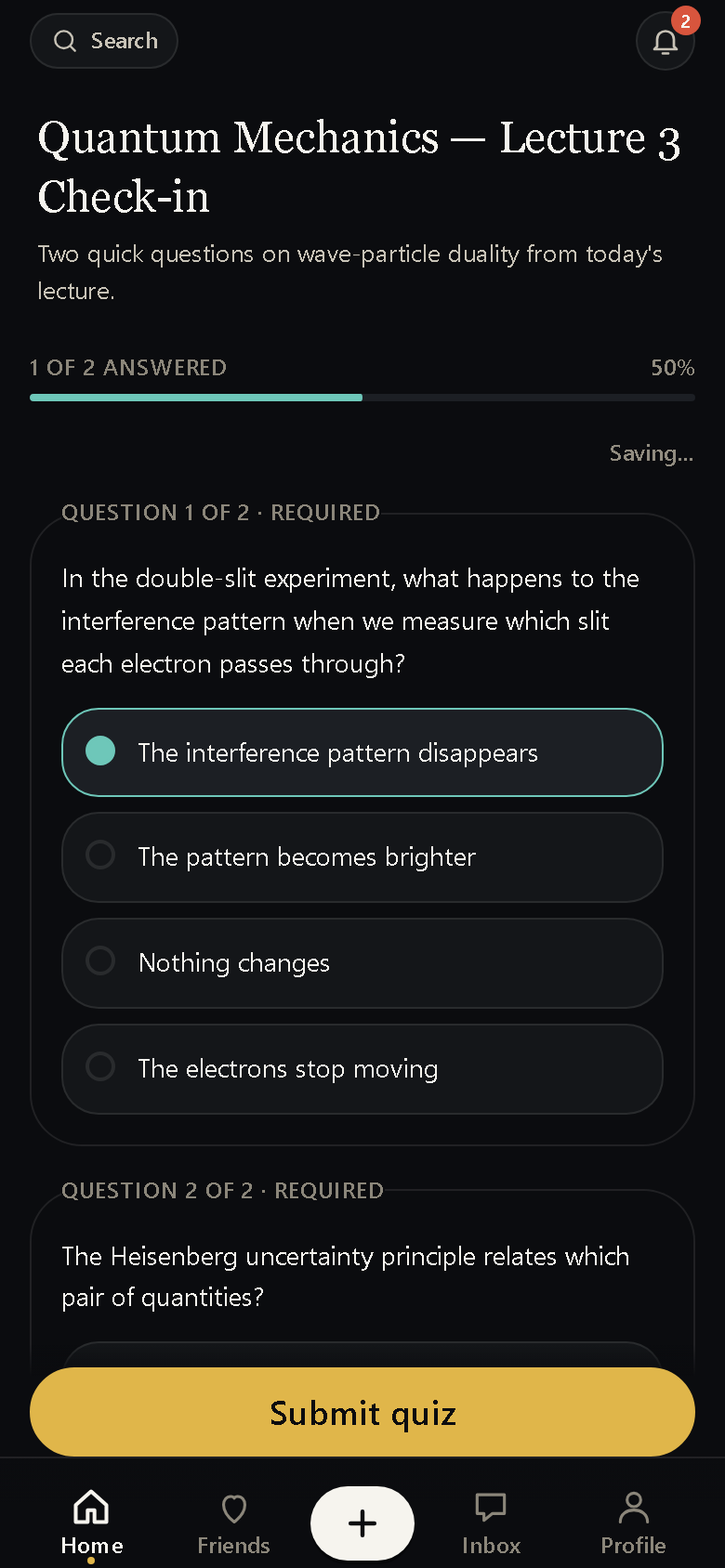 EdTok's check-in quiz for the same lecture: two questions on wave–particle duality, one answered, progress at 50%, drafts autosaving, and a gold Submit quiz button.
